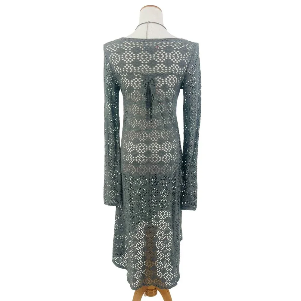 Vintage Free People Beach Gray Crochet Button Front Maxi Cardigan - Picture 8 of 16